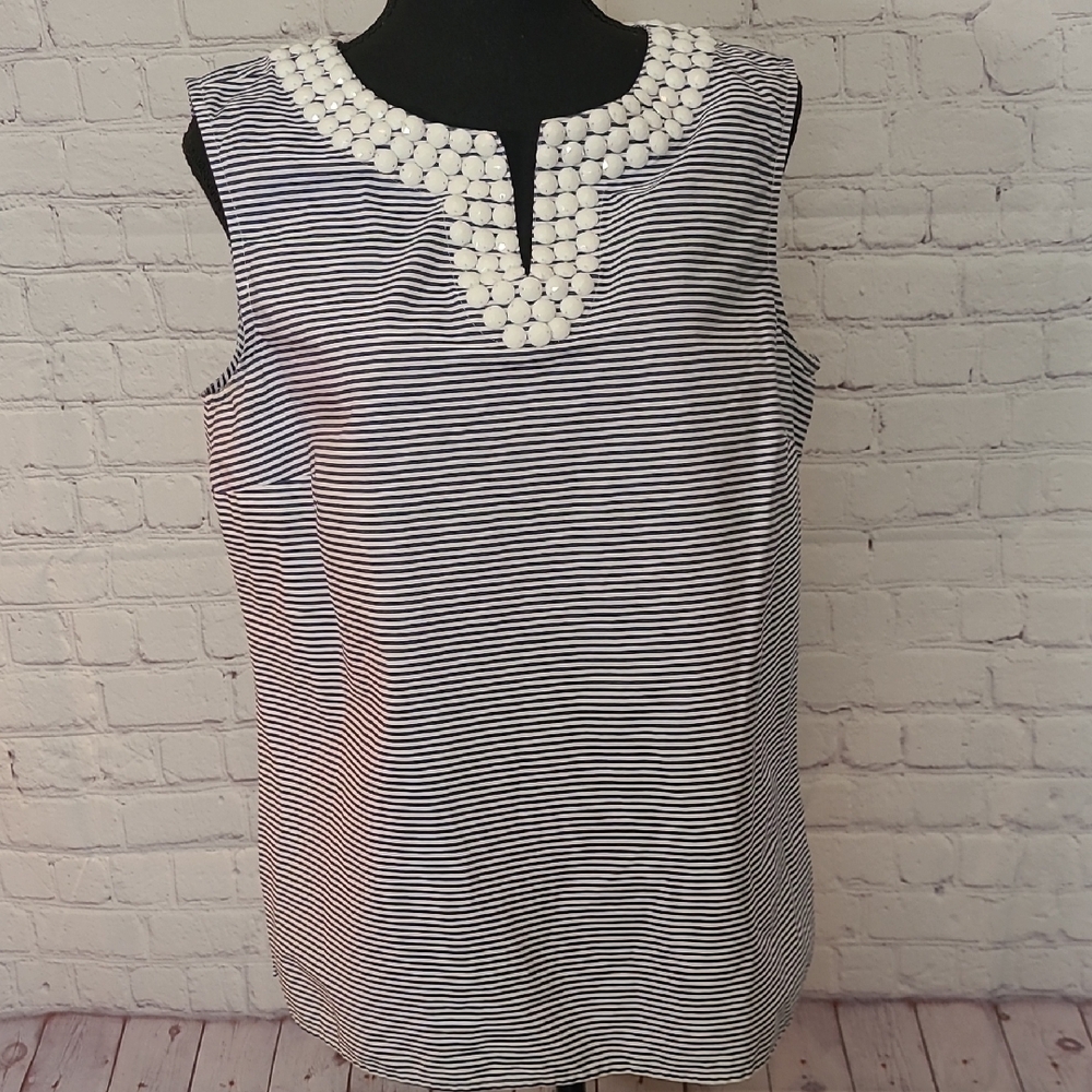 Blue Striped Sz 14 Talbots Cotton Sleeveless Embellished Summer Nautical Top